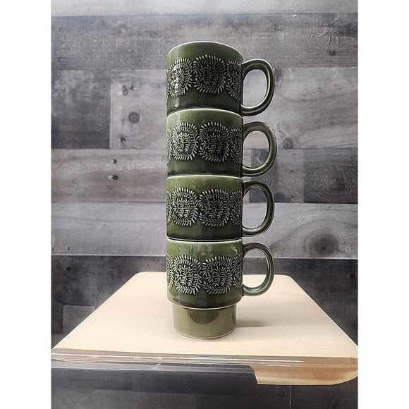 Vintage Set of Four Ceramic MCM Stackable Green Mugs Set Made in Japan - Picture 4 of 7